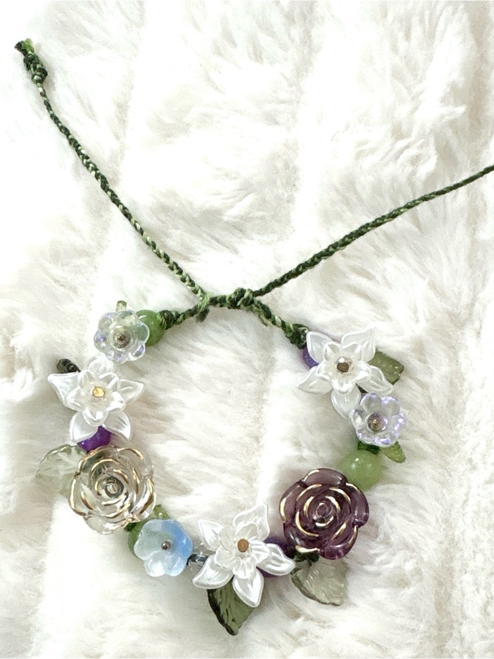 Handcrafted Green Floral fairy adjustable pull string bracelet